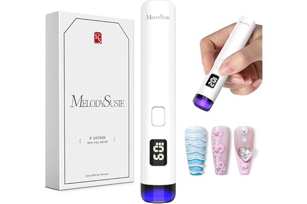 MelodySusie Handheld Cordless UV Nail Lamp with LCD Display & Eye-Protection Cover, P-Art01R Rechargeable Mini UV LED Light Flash Cures All Soft Gels, Especially Rhinestone Glue & Liner Gel White