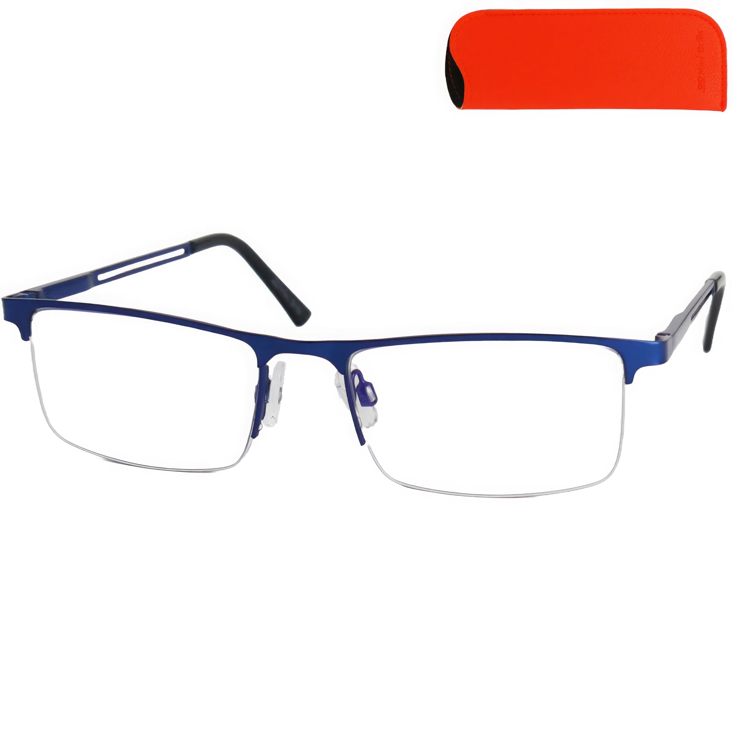 Mini Brille - Classic Metal Reading Glasses, Half Frame (Blue) and Rectangle Lenses, Case and Cloth included, Specs Men and Women +1.50 Magnification