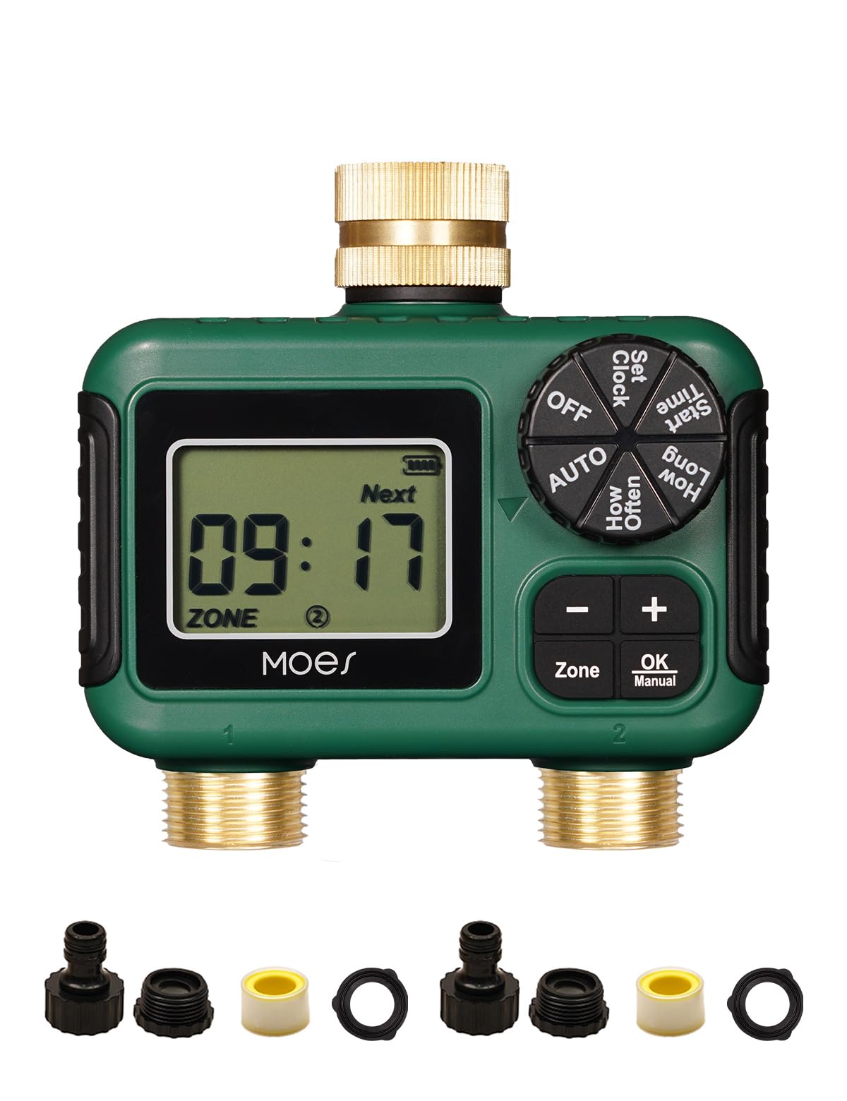 Photo 1 of MOES 2 Outlet Sprinkler Timer, Brass Inlet & Outlet, Programmable Automatic Irrigation Controller, Rain Delay, Manual Watering, 2 Zone Water Hose Timer for Gardens, Lawns, and Hose Systems
