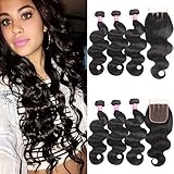 VRBest Hair Brazilian Virgin Hair Bundles With Closure Unprocessed Brazilian Body Wave Human Hair Extensions With Lace Closure Three Part (14 16 18 with 12inch)