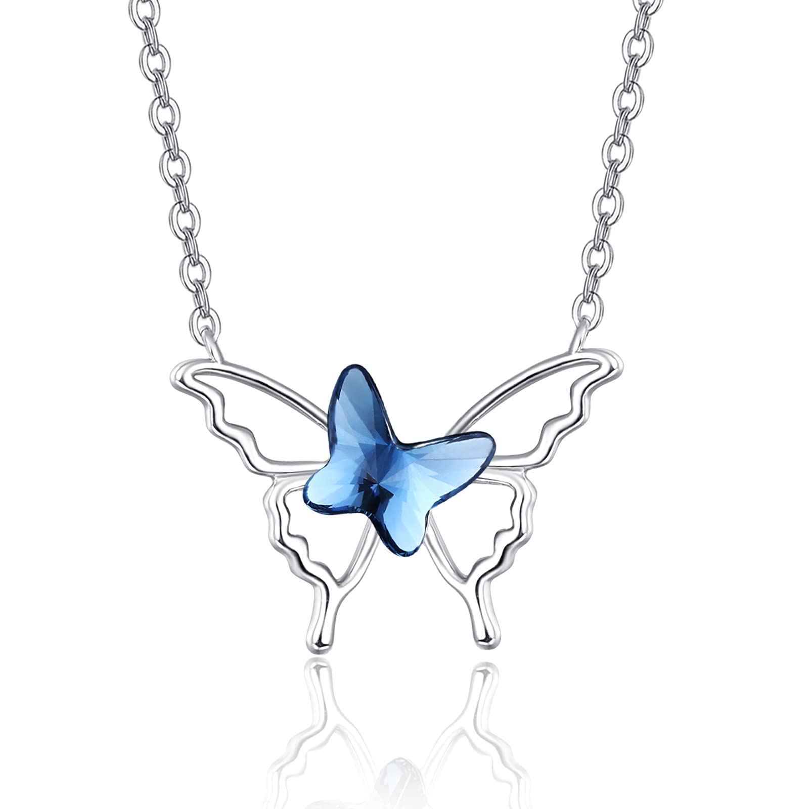 praymos Butterfly Necklace Blue Crystal Pendant 925 Sterling Silver Jewellery Birthday Gifts for Women Her Daughter Wife 18”+2” Adjustable Chain