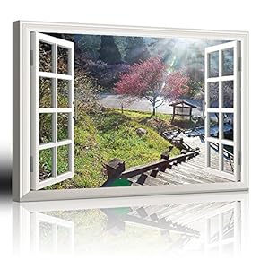 Modern White Window Looking Down Into a Stairway That Leads to a Japanese Garden with a Kiosk - Canvas Art Home Art - 24x36 inches