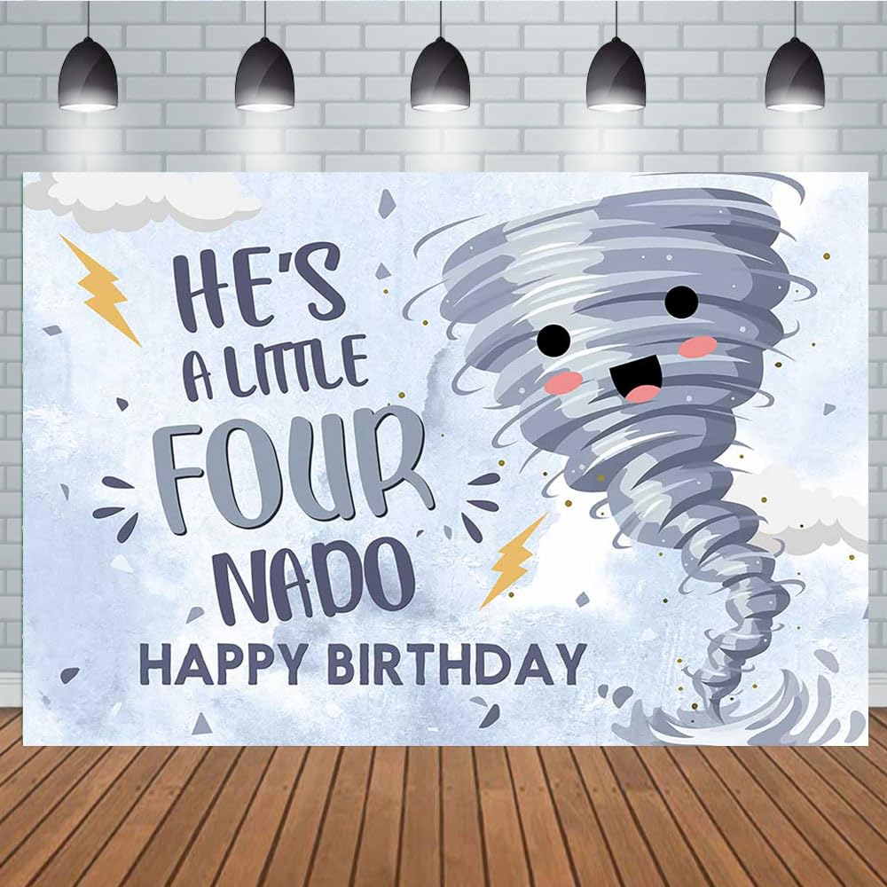 Photo 1 of Aperturee 7x5ft Happy 4th Birthday Backdrop Tornado Theme He is a Little Four Nado Happy Birthday Party Decorations Photography Background for Kids Boy Child Fourth Party Banner Supplies Favors