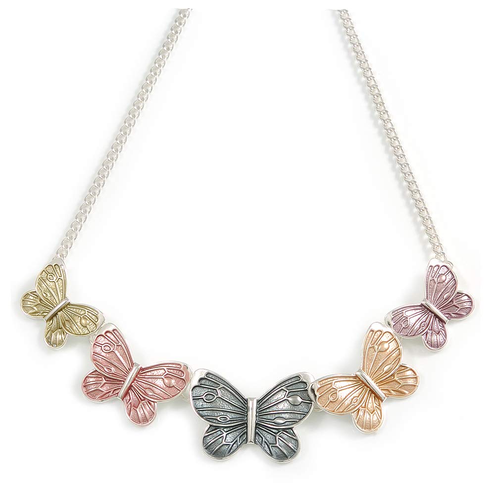 Avalaya Pastel Pink/Grey/Yellow Enamel Butterfly with Silver Tone Chain Necklace - 40cm L/ 6cm Ext