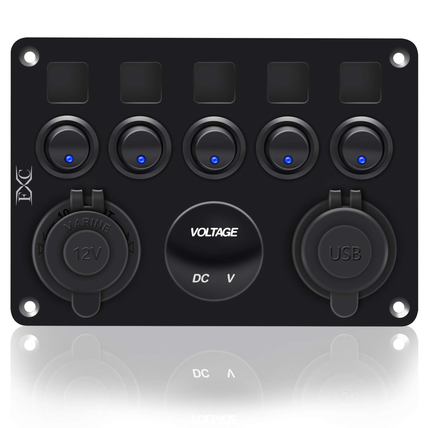 FXC 5 Gang Rocker Switch Panel with Dual USB Slot Socket 5V 4.2A + Cigarette Lighter + Voltmeter for Marine Boat Car Rv Vehicles Truck 12-24V Waterproof Blue LED (5B Blue): Industrial & Scientific