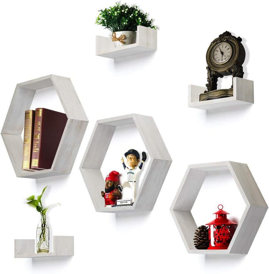 RR ROUND RICH DESIGN Wall Shelf Set of 6 - Rustic Wood 3 Hexagon Boxes and 3 Small Shelves