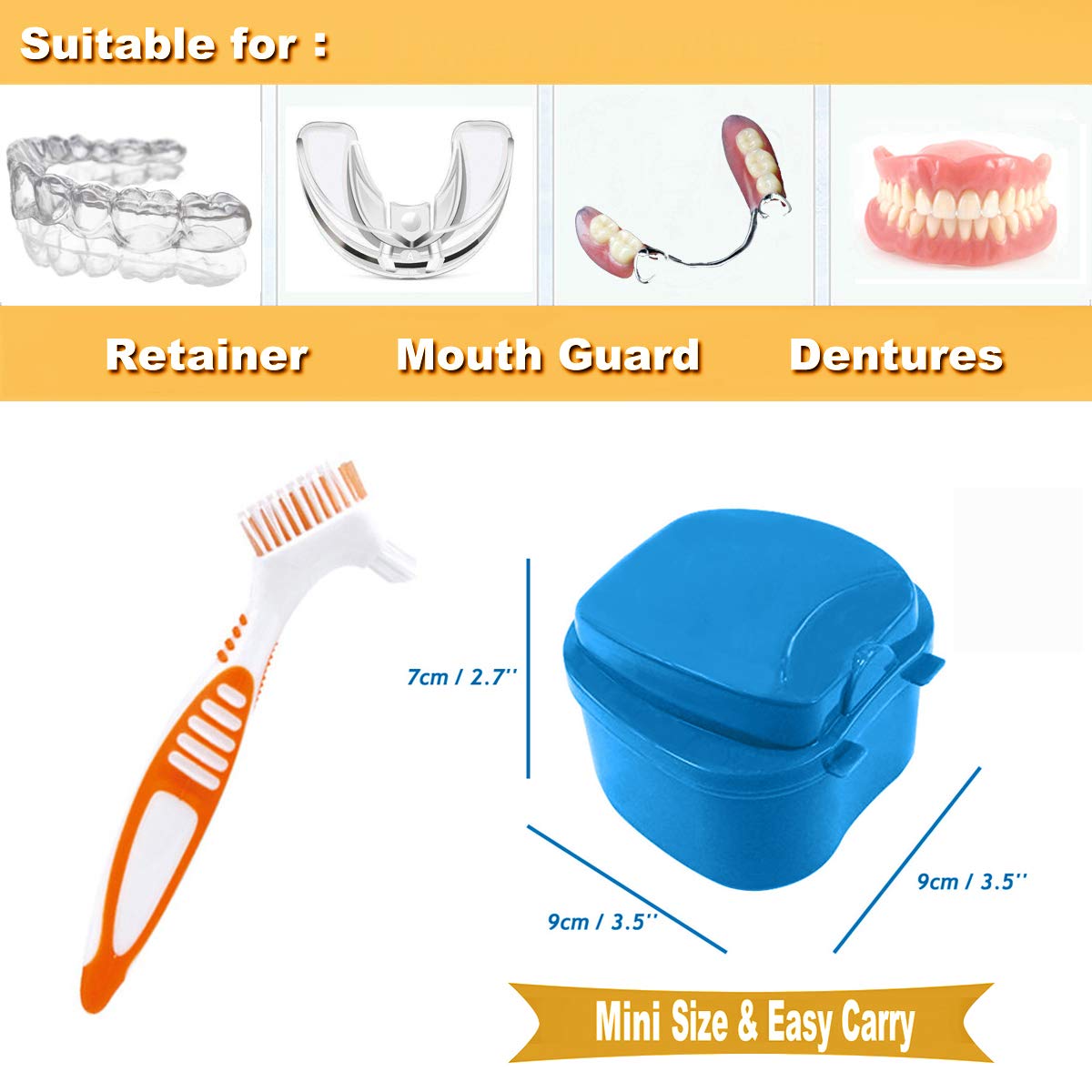 BRMDT Denture Cup & Denture Brush Portable Professional Cleaning Kit - Soaking Denture Bath with Strainer/Denture Case/Retainer Case, Cooperate with Cleaning Tablets for False Teeth Daily Cleaning : Beauty