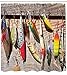 Ambesonne Fish Shower Curtain, Sets Bait Pattern on Rustic Boards Fishing Themed Photography, Cloth Fabric Bathroom Decor Set with Hooks, 69