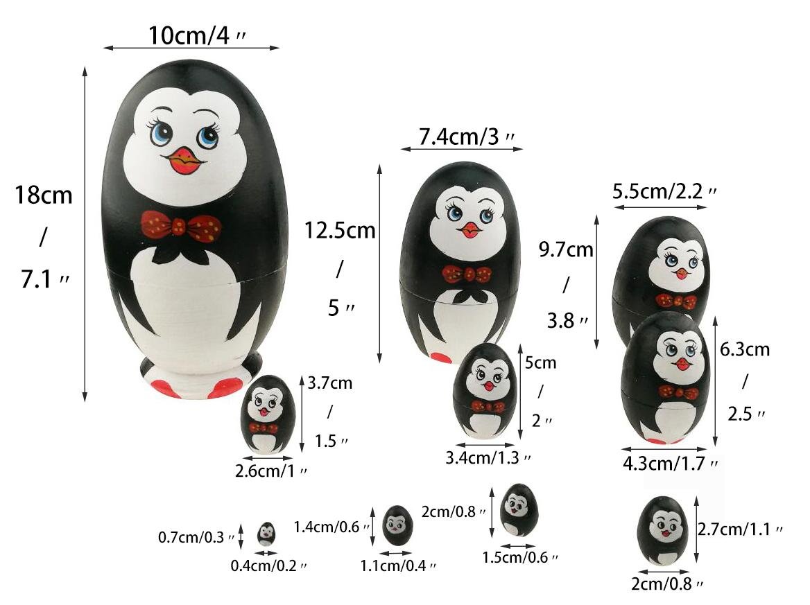Cute Animal Theme Penguin with Bowtie Egg Shape Wooden Handmade Nesting Dolls Matryoshka Dolls Set 10 Pieces for Kids Toy Birthday Home Kids Room Decoration