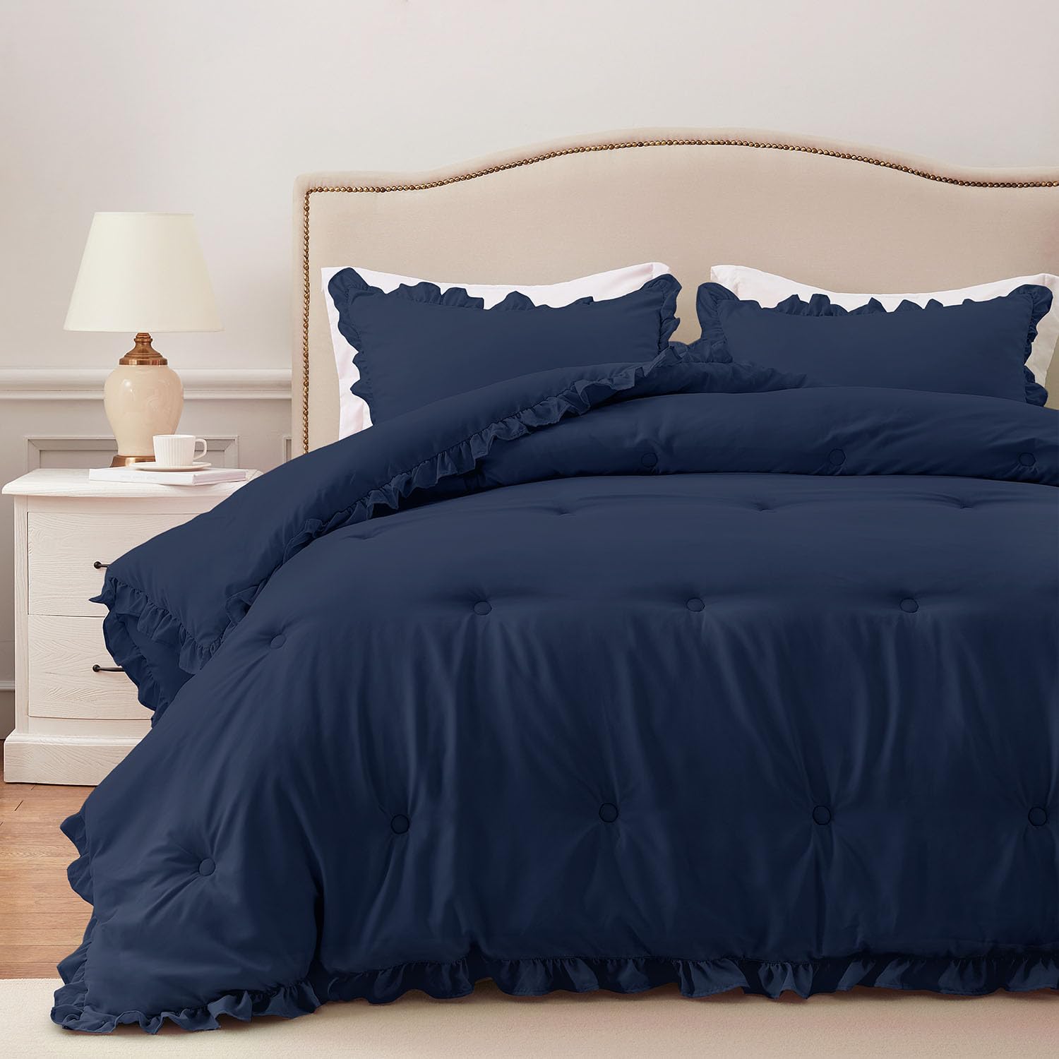 Photo 1 of HARBOREST Full Comforter Set Navy - Ruffle Comforter for Full Size Bed, Fluffy Full Size Comforter Set for All Seasons, 3 Pieces Shabby Chic Bedding Comforter Set(1 Comforter & 2 Pillow Shams)