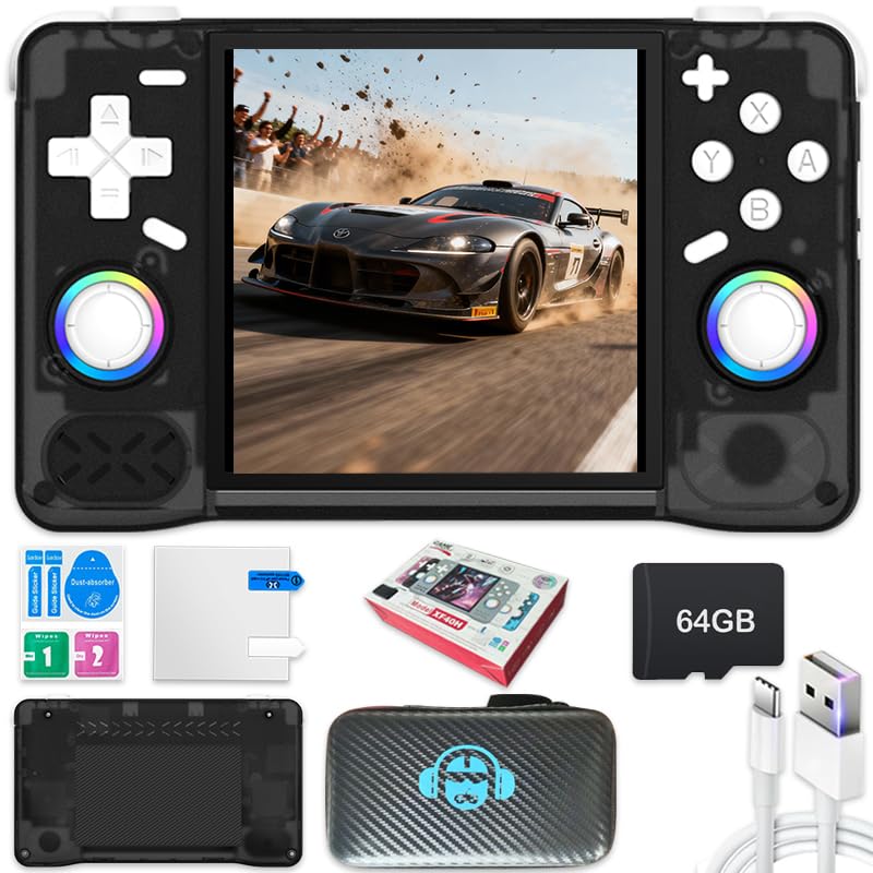 New XF40H Handheld Game Console,Built-in 64G with 18000 games,4000mAh,Linux System,4-inch IPS Screen WIth Storage bag (Black,64G)