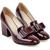 MOOMMO Women Chunky Heel Pumps Bowknot Patent Leather Loafers Round Closed Toe Sandals 3.5 Inch High Block Heel Slip On Summer Casual Office Dress Shoes Size 4-11 M US
