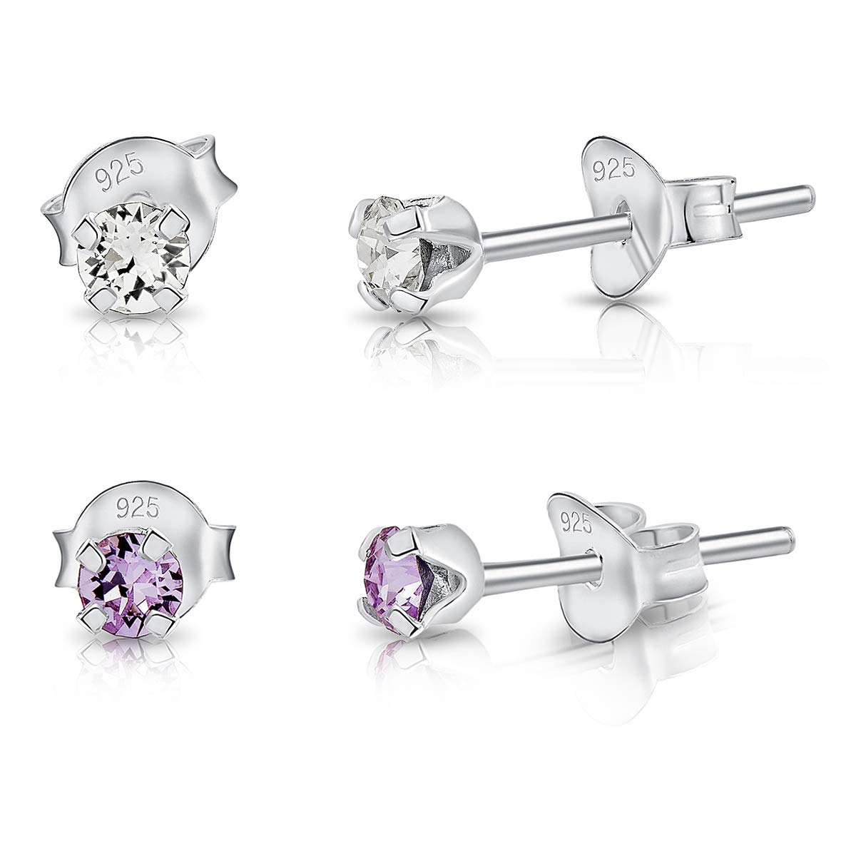DTPSilver - Set of 2 PAIRS of 925 Sterling Silver Round TINY Stud Earrings made with Glittering Crystals from Swarovski® Elements - Diameter: 3 mm - Colour : Violet