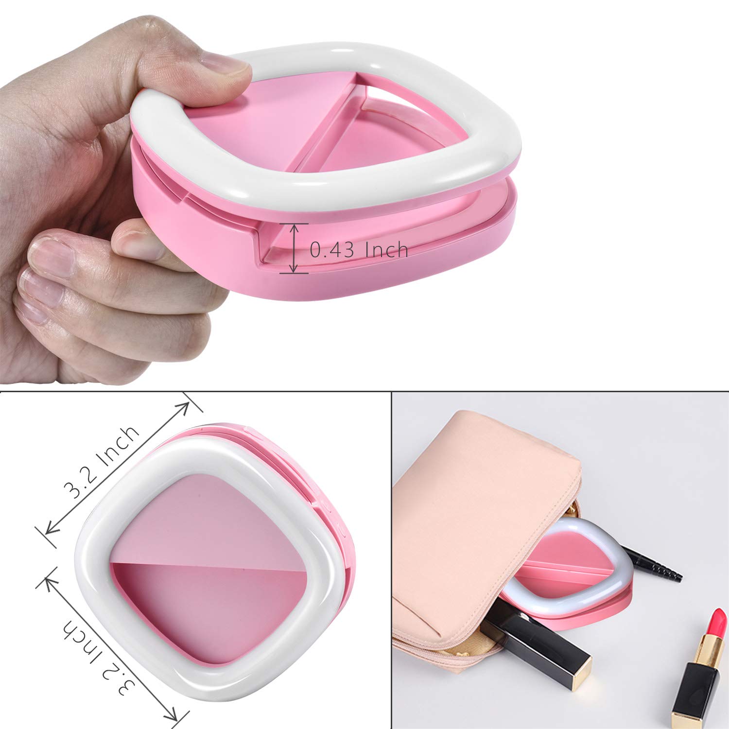 Selfie Ring Light, Solarxia Rechargeable Selfie Lights with Makeup Mirror[52 LED Bulbs][3-Light Mode][9-Level Brightness] for iPhone iPad  MacBook Laptop Android Camera (Pink)