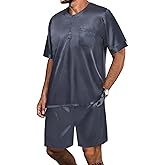 SWOMOG Men Satin Pajama Set Short Sleeve Pj Set 2 Pcs Loungewear Silk Sleepwear Half Button Down Long Pants with Pockets
