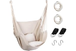 Hommtina Hammock Chair Hanging Rope Swing, Max 300 Lbs Hanging Chair with Pocket & Durability Perfect for Outdoor, Home, Bedroom, Patio, Yard (Pillows NOT Included,Beige)