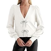 Saodimallsu Womens Bow Button Front Cardigan Sweaters V Neck Cropped Knit Sweater