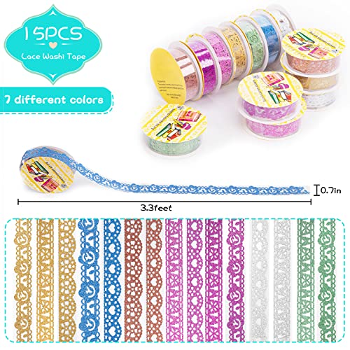 Shindel Lace Washi Tape, 15 Rolls Glitter Washi Tape 50Ft Hollow Out Decorative Tapes for DIY Scrapbook Gift Box Craft Decorations