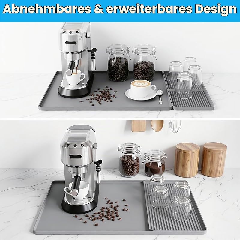 Kaffeemaschine Abtropfmatte aus Silikon, 2-in-1 Kaffeemaschine Unterlage, Abtropfmatte Geschirr, Kaffeematte mit Konvexem Rand, Silikon Matte für Kaffeevollautomat Küchenarbeitsplatten, Grau — Foto 6 von 8