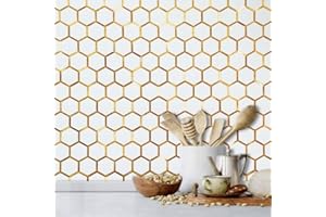 DICOFUN 1 Sheet Hexagon Peel and Stick Backsplash Tile, Polished White Tile Look Mixed Gold Kitchen Backsplash Peel and Stick Wall Tiles