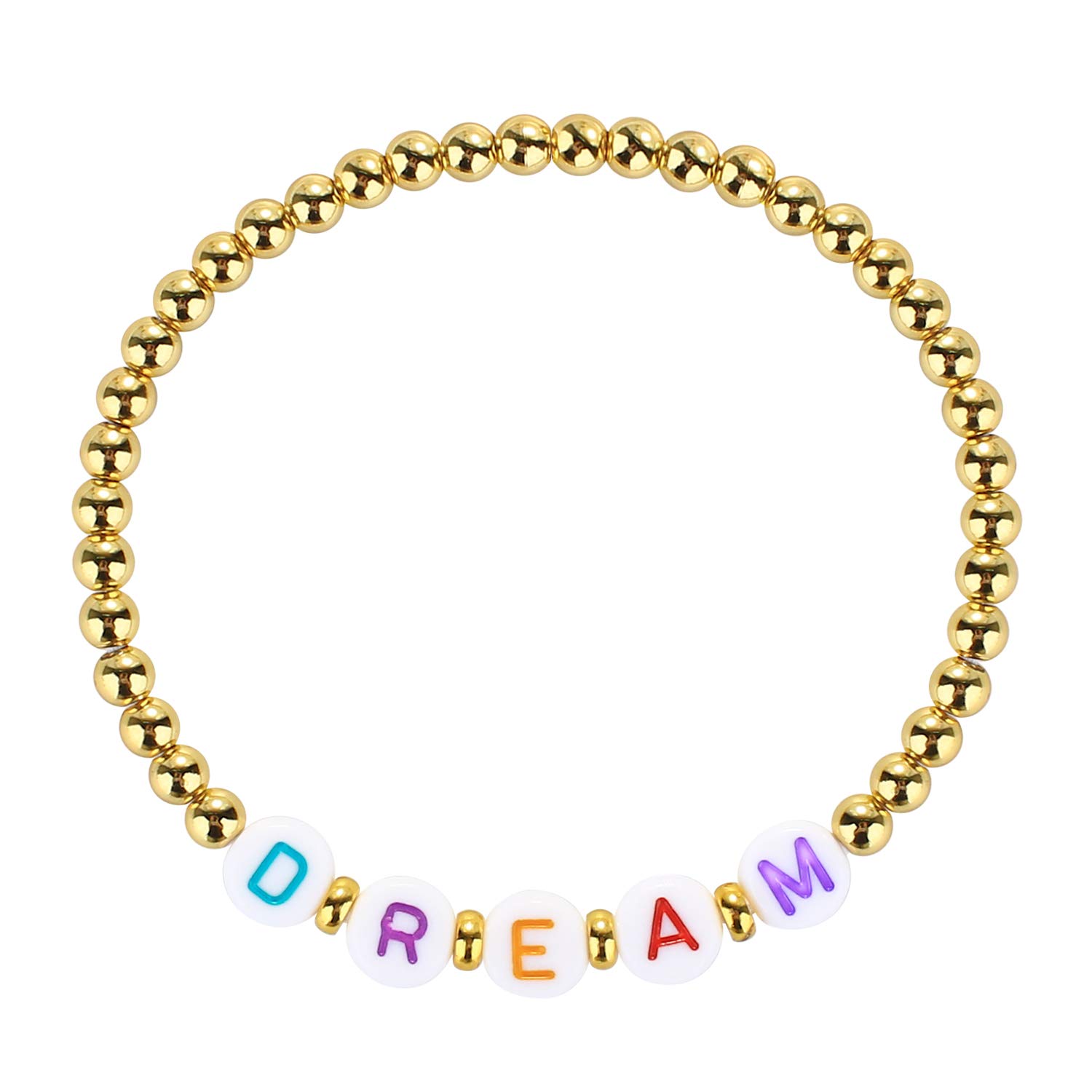 C·QUAN CHI Gold Round Beaded Bracelet Dream Letter Bracelet Elastic Bracelets Cuff Bangles Gifts For Women