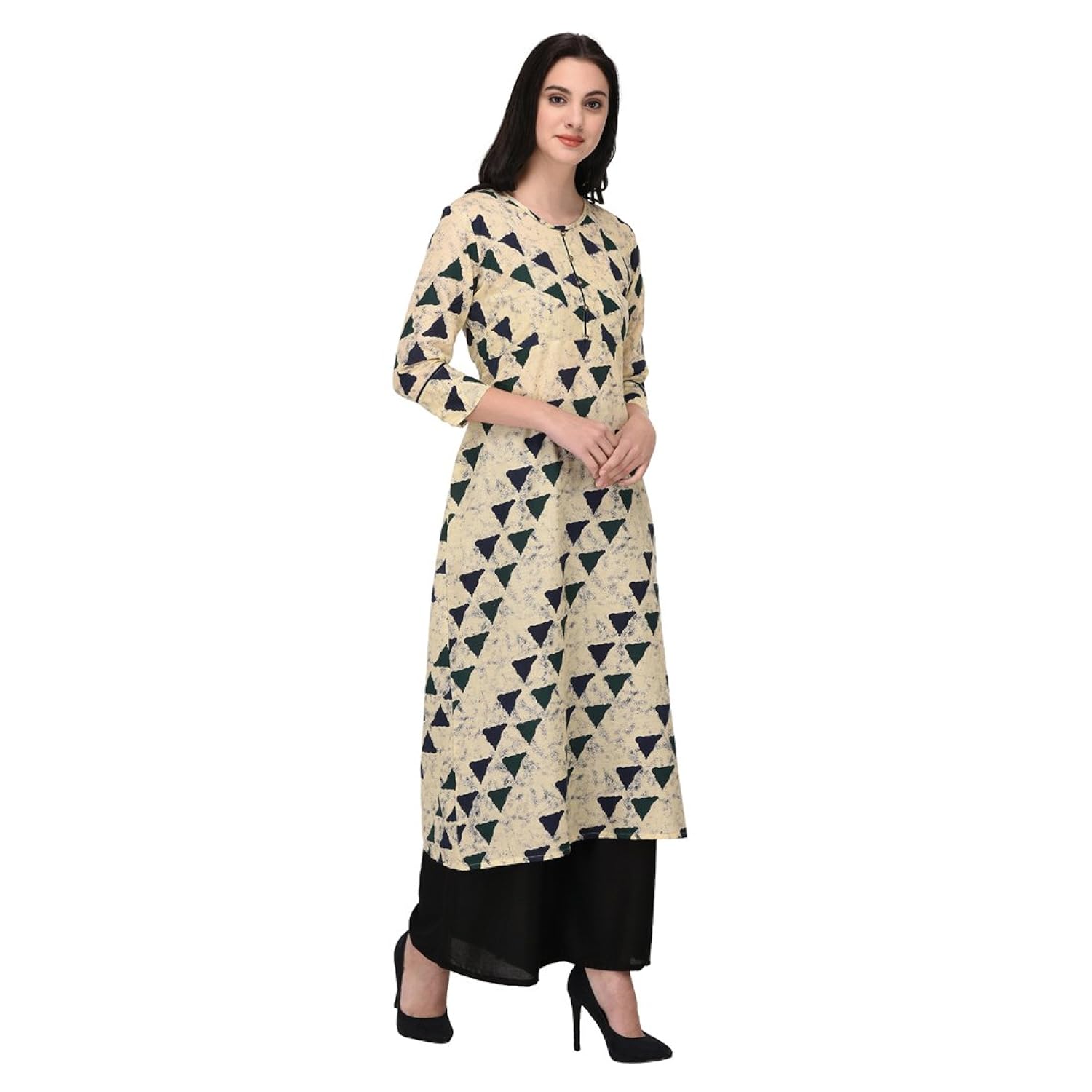 inaayo women's cotton 3/4 sleeve geometric print straight kurti