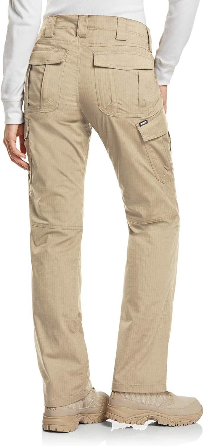 CQR Women's Flex Stretch Tactical Pants, Water Repellent Ripstop Work Pants, Elastic Waist Straight/Cargo Pants with Pockets: Clothing