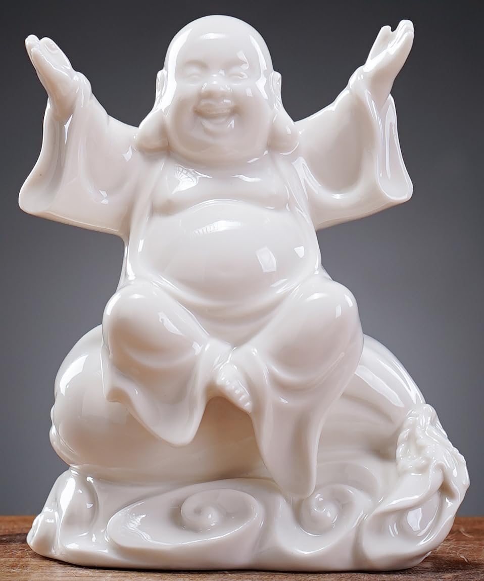 QINLANG Small Ceramic White Laughing Buddha Statue for Good Luck, Lucky Happy Buddha Statue Sitting on Money Bag for Good Luck and Prosperity