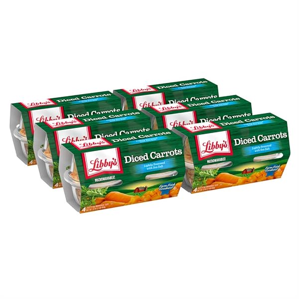 LIBBY’S DICED CARROTS | APPEALINGLY TENDER | FAINTLY SWEET & EARTHY FLAVOR | VIBRANT ORANGE SLICES | FARM FRESH GOODNESS | NO PRESERVATIVES | SIX 4-PACK SLEEVES OF 4.0 OZ CUPS (24 CUPS TOTAL)