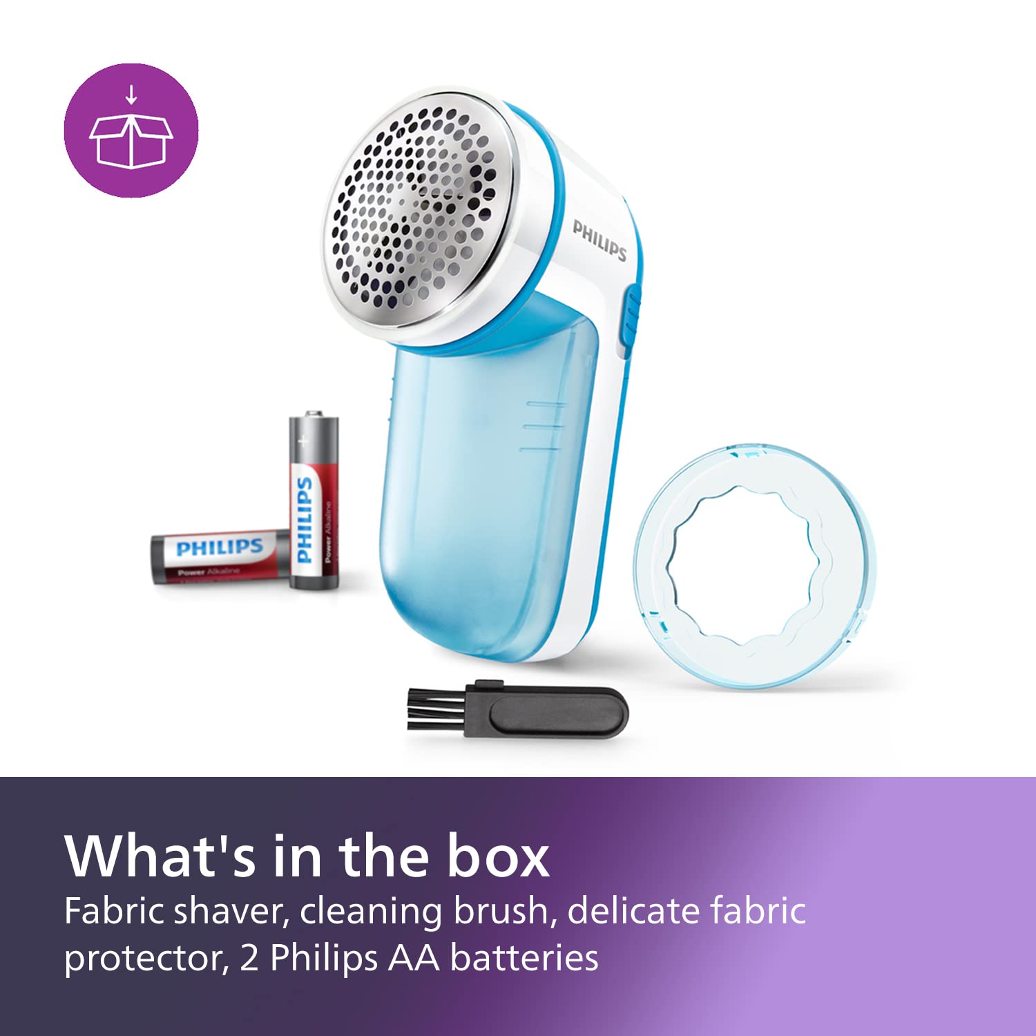 PHILIPS Fabric Shaver, Removes Fabric Pills, Suitable for All Garments, Large Blade Surface, Cleaning Brush, Includes Batteries, Blue (GC026/00)