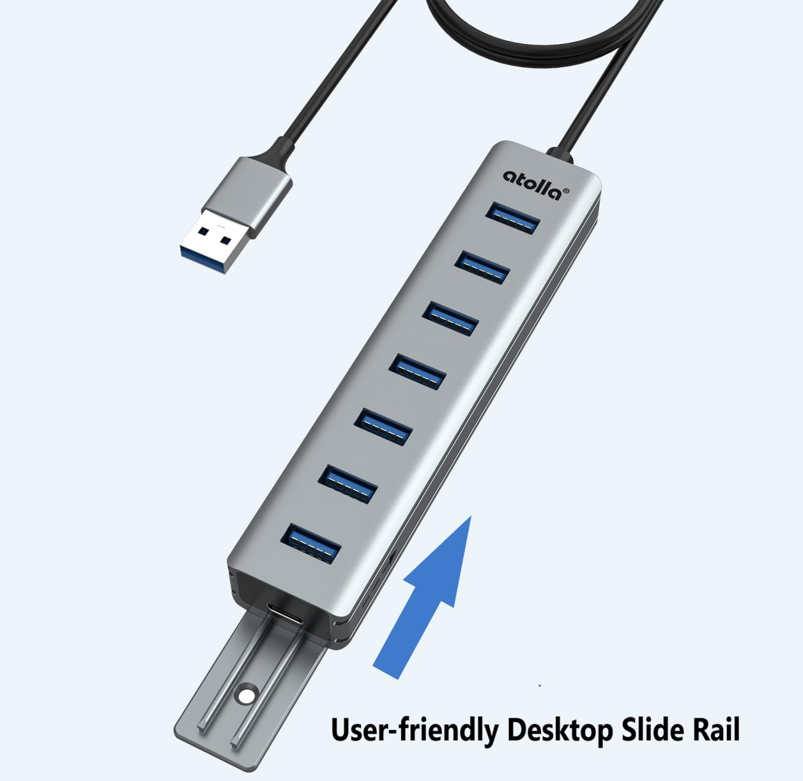 8-Port USB 3.0 Hub mit Aluminium Tischmontage Design, USB Verteiler Adapter mit 100cm Lange Kabel, 5Gbps USB3.0 Datenanschluss, Typ-C Power Port für Desktop, PC, Laptop, Maus, U-Disk 9