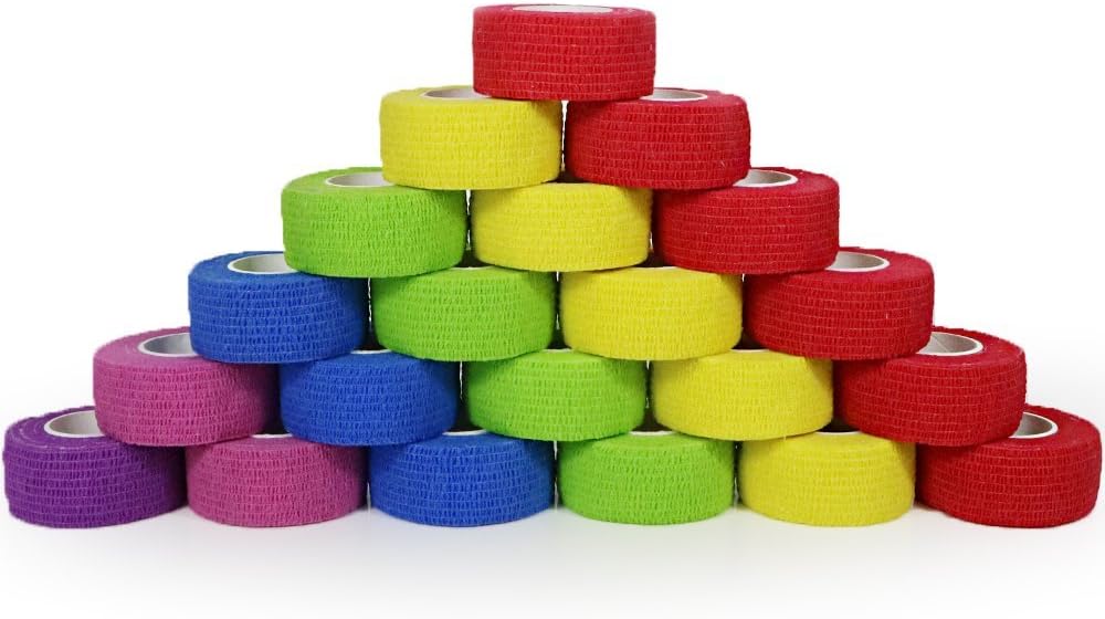 YuMai 2.5cm x 4.5m First Aid Kit Finger Tape Adhesive Bandages Vet Wrap, Elastic, Flexible, Self-Adhesive - 24 Rolls (Multicoloured & Random)