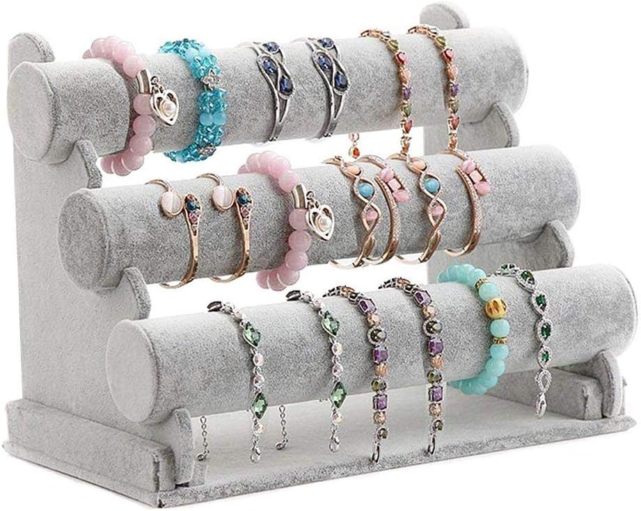 3-Tier Triple Bracelet Holder - Flannel Jewelry Display Stand, Bracelet Watch Bangle Bar Necklace Tabletop Organizer (Gray)