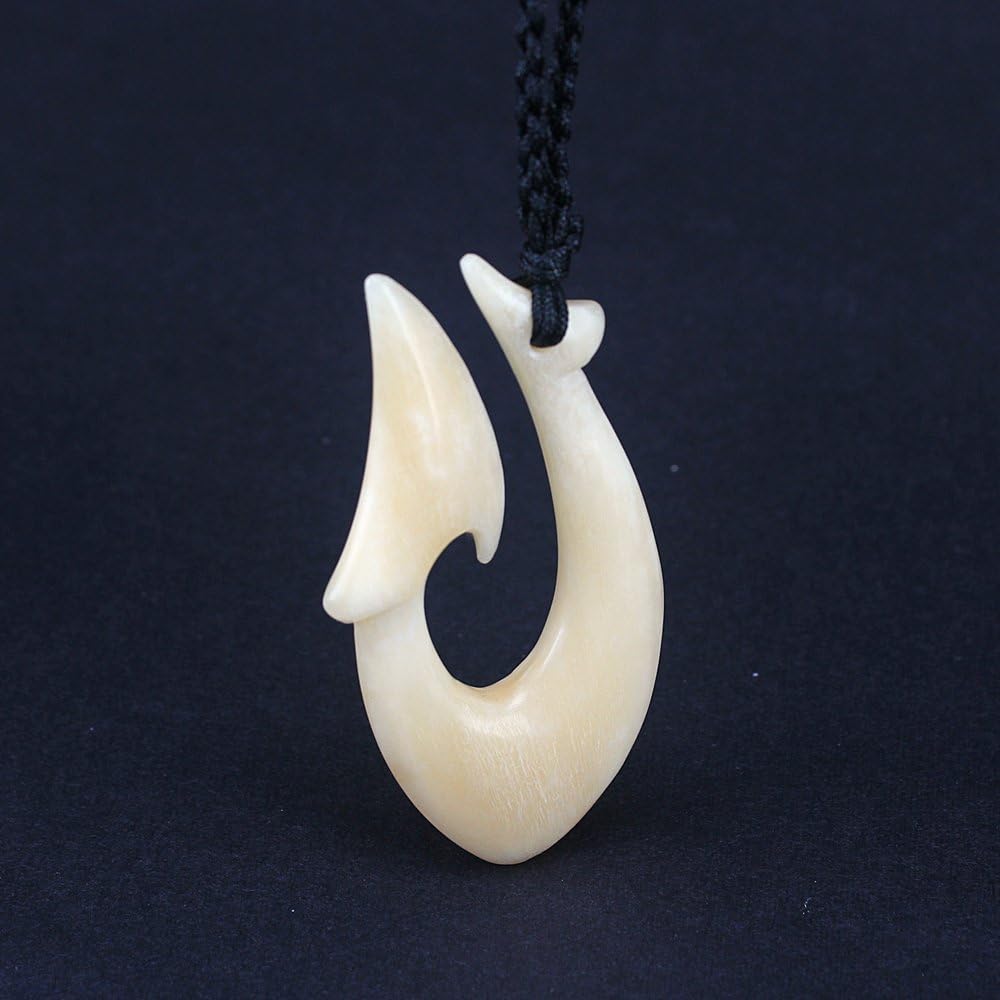 Maori Tribal Cow Bone Fish Hook/Hei Matau Pendant on Adjustable Black Cord Necklace