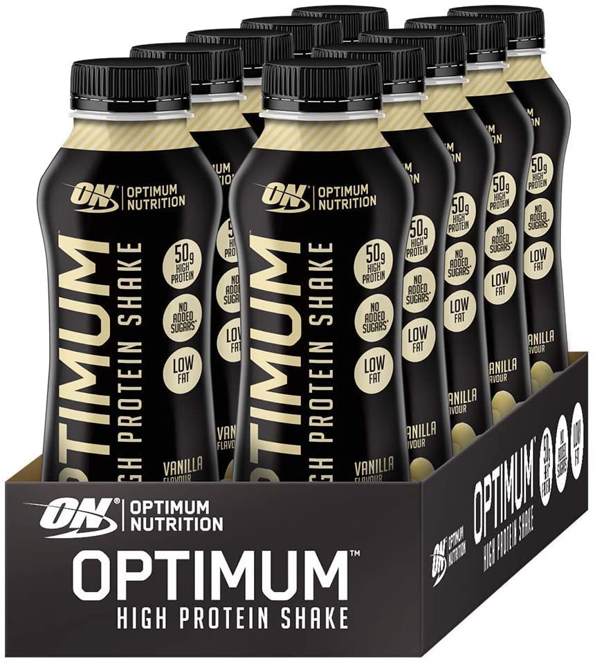 Optimum Nutrition High Protein Shake Bottles, Ready To Drink Healthy Snacks, No added sugars, low fat , Post Workout Snack for Men and Women, Strawberry Flavour, ((12x500ml)), Packaging may vary