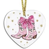 FLVGE Coquette Christmas Western Ornament, Preppy Pink Bow Cowgirl Boots Heart Ornament Keepsake Sign, Pink Western Country Christmas Decor Ornaments for Xmas Tree Party Holiday, 2.75x3 Inch