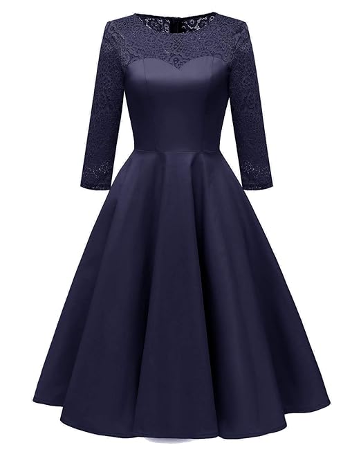 Molly Moda Damen Skater Cocktailkleid mit Spitzeneinsatz und Herzausschnitt