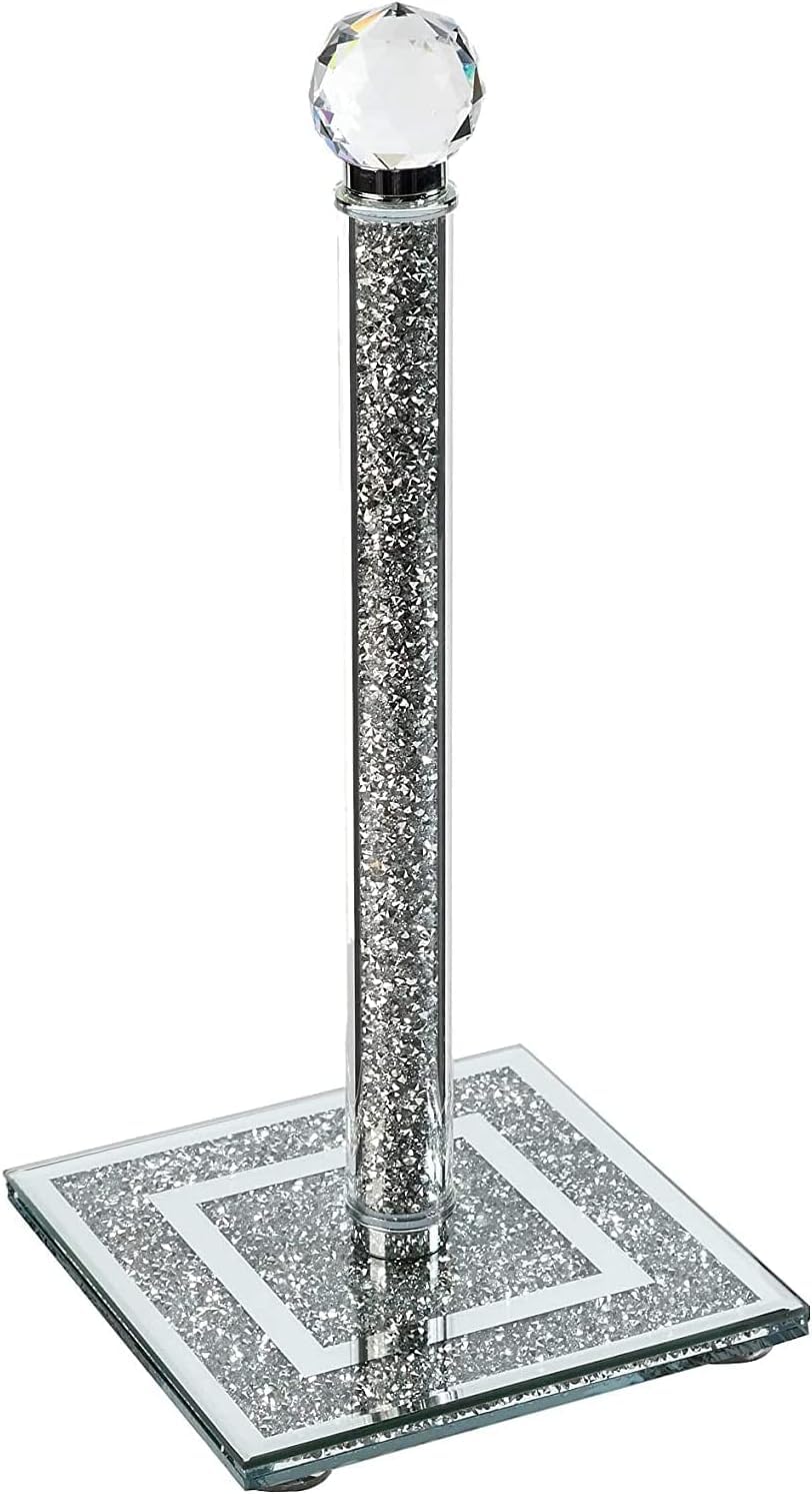 Crushed Diamond Ornaments Silver Crystal Filled Kitchen Roll Holder 34cm Diamante Freestanding Chrome/Paper Towel Holder/Free-Standing/Tissue Towel Stand Home Decor