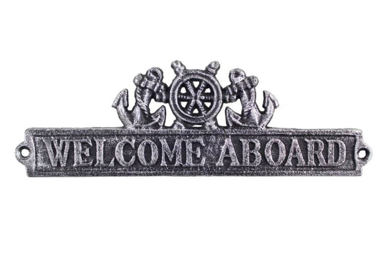 Hampton Nautical Antique Silver Cast Iron Welcome Aboard Sign with Ship Wheel and Anchors 12"-Nautical Home Decor, 9"