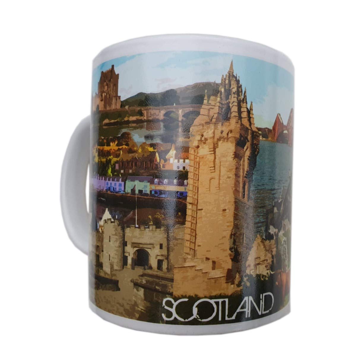 Scotland Mug - for Visitors of Edinburgh, Stirling, Fort William, Hebrides - Piper, Highland Cattle, Loch Ness Monster, Forth Bridge - for Americano Coffee/Tea/Hot Chocolate/Scottish Souvenir