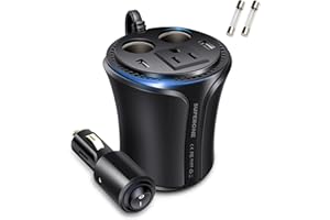 SUPERONE 150W Car Power Inverter DC 12V to 110V 120V Car AC Adapter Inverter 5-in-1 Cup Holder Design Dual USB Car Charger and 2 Car Power Adapter