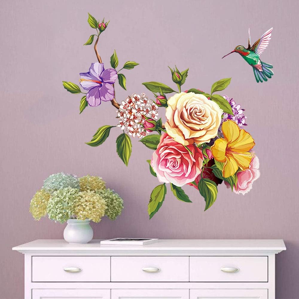 ufengke Flowers Wall Stickers Hummingbird Removable Wall Art Decals Wall Decor for Bedroom Office Living Room - Image 4