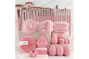 40PCS Makeup Brushes Set, Make up Gift Kit for Women, 20 Cosmetic Brush, 8 Blender Sponges, 8 Puff, 3 Headband, 1 Clean Spong