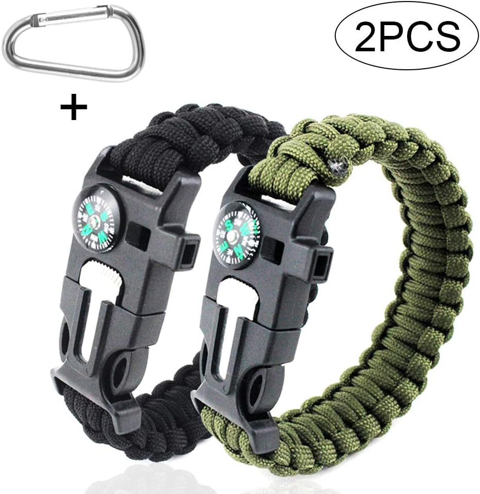 SHEEHAN Century 2pcs5 in 1 Compass Flint Bracelet Outdoor Escape Survival Whistle Survival Blade Bracelet Perfect for Hiking, Camping, Fishing and Hunting — Black + Army Green