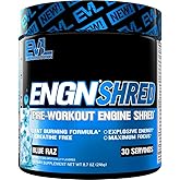 EVL Ultimate Pre Workout Powder - Thermogenic Fat Burn Support Preworkout Powder Drink for Lasting Energy Focus and Stamina - ENGN Shred Intense Creatine Free Preworkout Drink Mix - Blue Raz