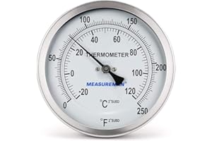 MEASUREMAN Fully Stainless Steel Pot, Kettle, Brewing Bimetal Dial Thermometer, 3" Dial, 6" Stem, 0-250 deg F/-20-120 deg C, -1% Accuracy, Adjustable, 1/2" NPT Back Mount