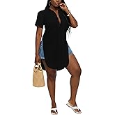 LYANER Women's Collar V Neck Button Down Slit Hem Short Sleeve Blouse Long Shirt Top