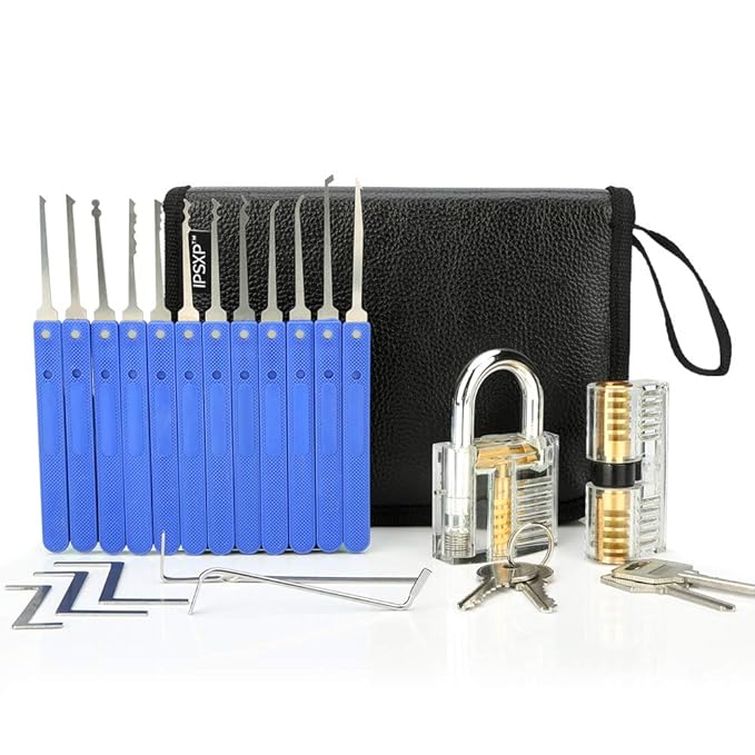 Lockpicking Set, IPSXP 17 Stück Dietrich Set und 2 Stück Transparent Training Schlössern mit Ledertasche, Extractor Tool für 