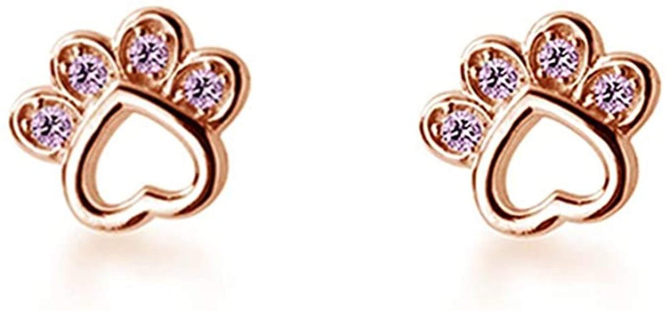 Pink CZ Puppy Paw Print Stud Earrings Sterling Silver S925 for Women Girls Cute Crystal Rhinestone Dog Cat Pet Kitten Paws Small Earring Ear Piercing Studs Fashion Birthday Jewelry Gift (Rose Gold)