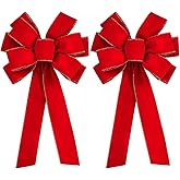 2Pcs Large Christmas Red Velvet Bows - 30.7" x 10.6" Valentine's Day Gold Wired Red Velvet Wreath Bow - Christmas Tree Topper